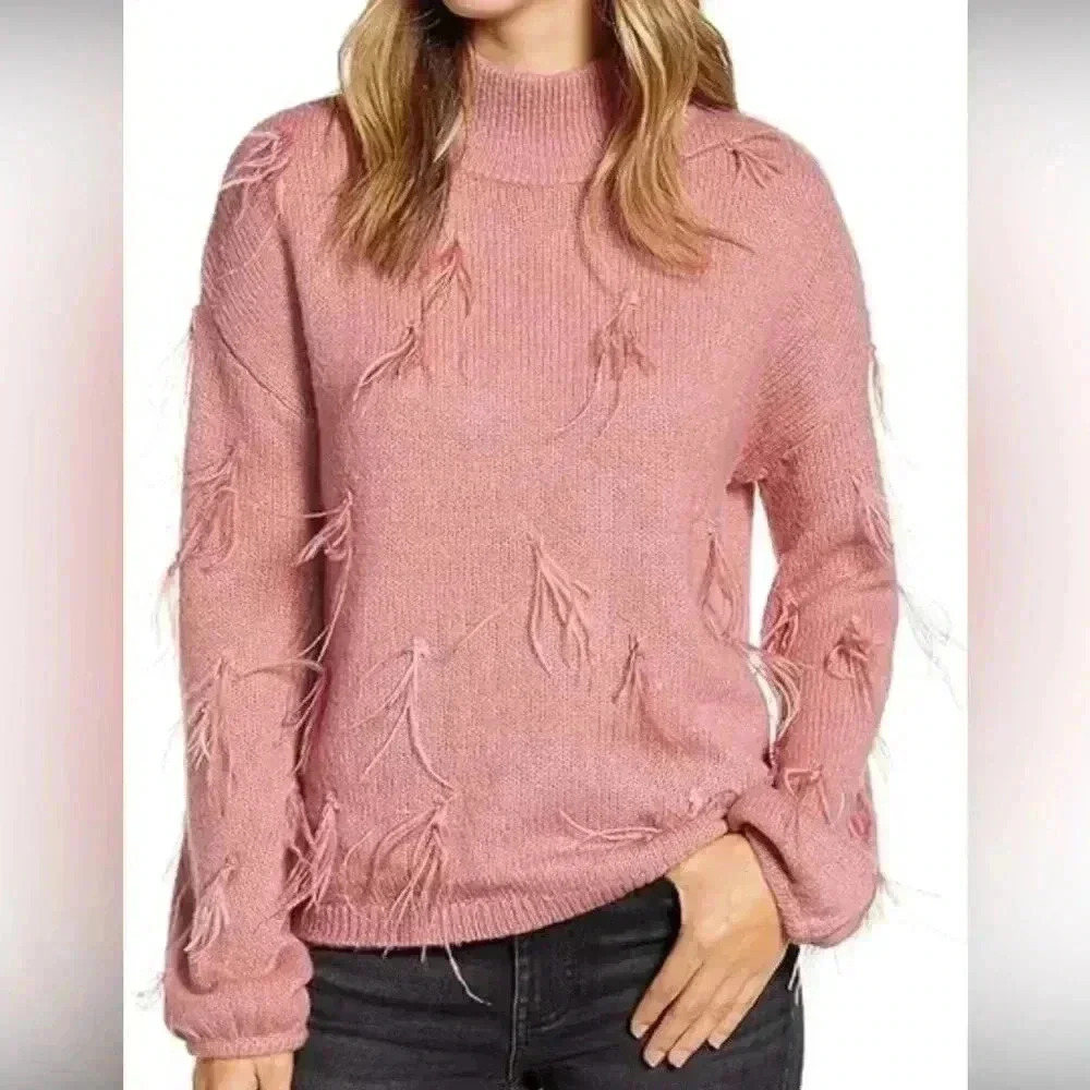 Rachel Parcell Women's Ostrich Feather Cropped Mock Turtleneck Sweater